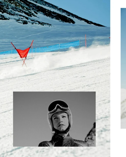 Ski slope on a sunny day with a red gate marking the course, person in ski gear inset against white, mountain backdrop.