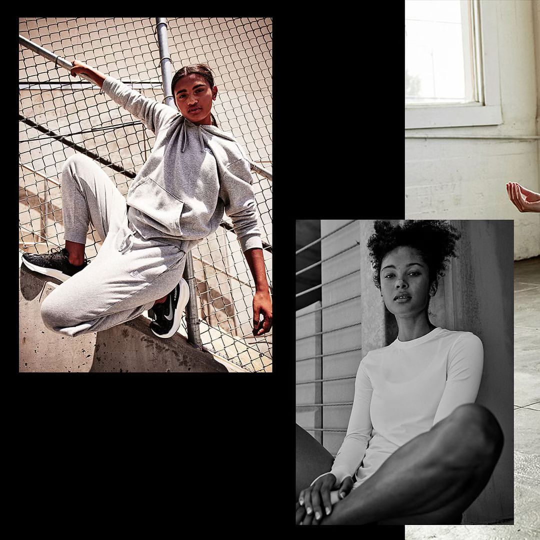 Fashion collage featuring a young woman in a grey hoodie and sweatpants striking a pose by a chainlink fence, alongside a black and white portrait.