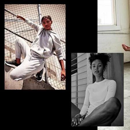 Fashion collage featuring a young woman in a grey hoodie and sweatpants striking a pose by a chainlink fence, alongside a black and white portrait.