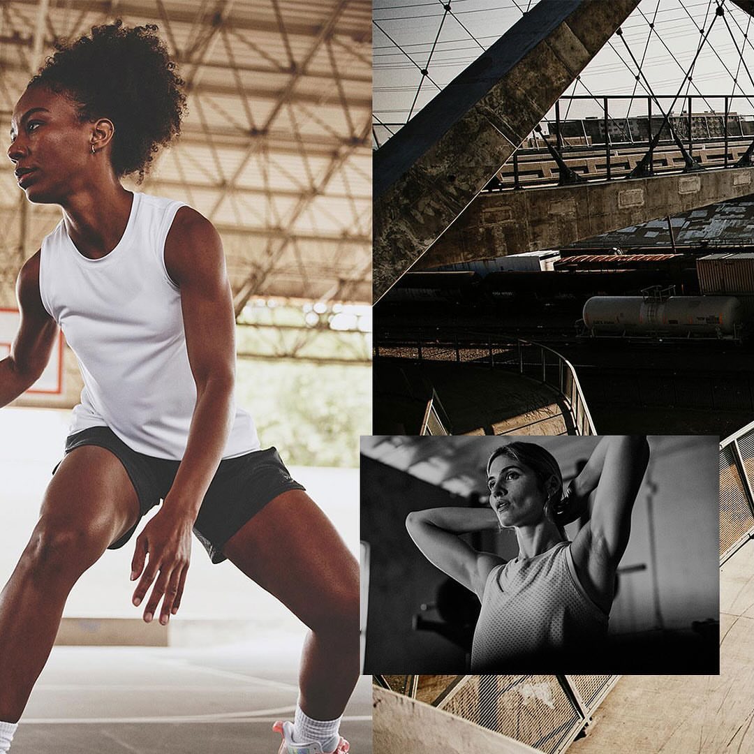 Two athletic women in active poses. One is playing basketball on a court. The other is working out. Neutral light and dark tones.