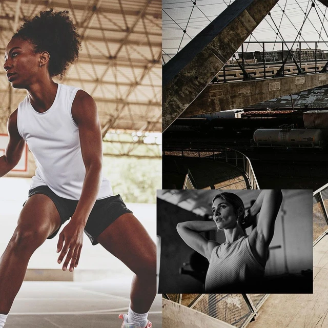 Two athletic women in active poses. One is playing basketball on a court. The other is working out. Neutral light and dark tones.