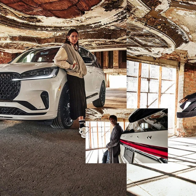 Fashion shoot in derelict interior features a white SUV car, female fashion model, and male fashion model near a window.