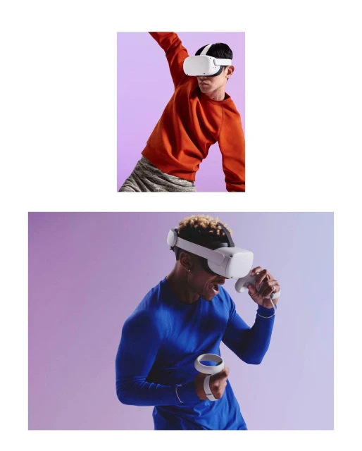 Two images showing men using virtual reality headsets with controllers, set against a lavender background, enhancing the immersive gaming experience.