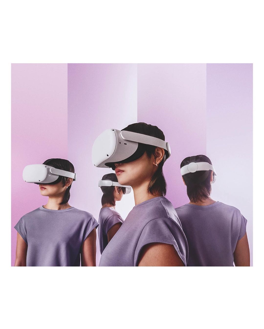 Multiple women wearing VR headsets stand against a gradient purple background, showcasing immersive technology and futuristic fashion.