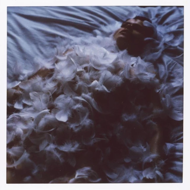 Woman lies on a bed covered in white feathers, eyes closed, pale skin, illuminated face, indoor setting, soft diffused light, muted color palette.