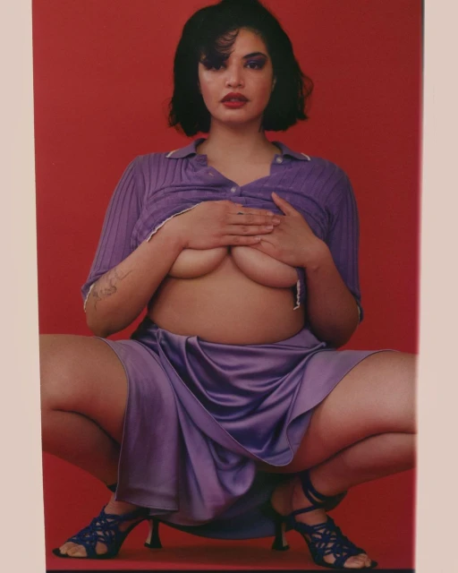 Portrait of a woman with dark hair posing in a purple skirt and top against a red backdrop, with a light pink border.