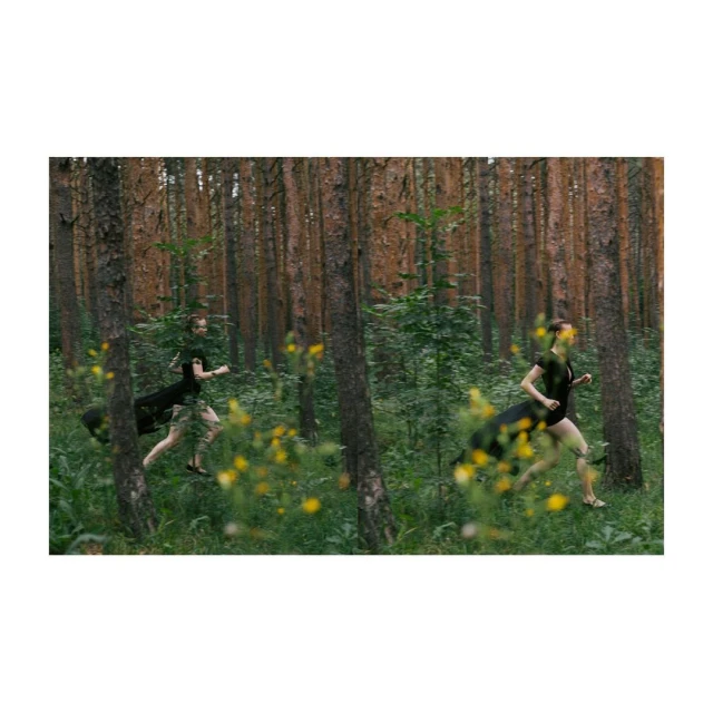Two women are running through a forest with tall trees and yellow flowers. The sunlight filters through the trees.