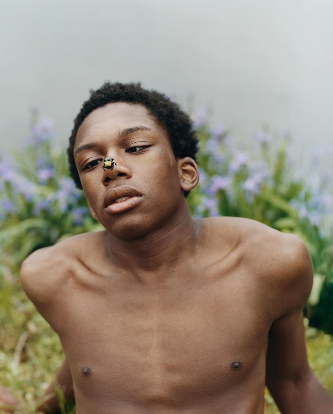 Portrait of a young Black man with a beetle on his nose, captured outdoors with soft, natural light and a background of purple flowers.