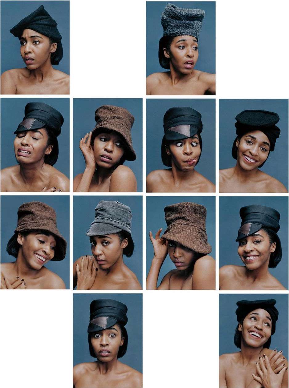 Multiple portraits of a woman wearing various textured hats against a solid blue backdrop, showcasing a range of facial expressions.