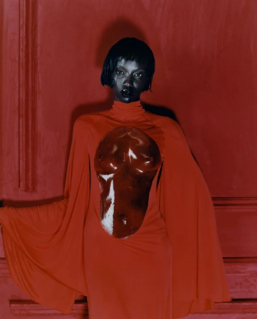 Elegant fashion portrait of a black model wearing a red dress with abstract bodice art against a matching red backdrop.