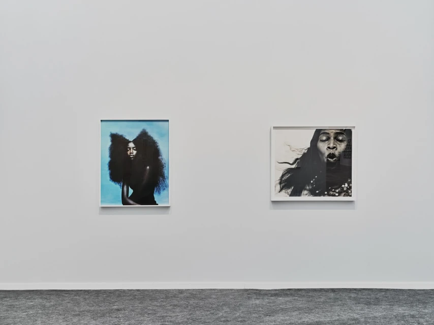 Two framed portraits of women on a white gallery wall. One woman with dark hair gazes forward. The other blows air. Minimalist and modern.