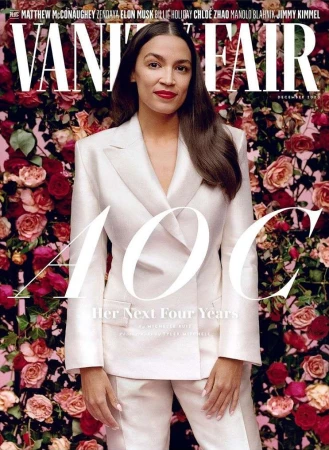 Vanity Fair cover featuring an adult female in a white suit against a floral background, with magazine text and title visible.
