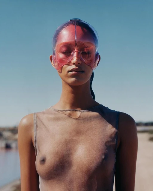 Woman wearing a transparent helmet in a desert landscape. She has her eyes closed in a close-up shot with a clear blue sky backdrop.