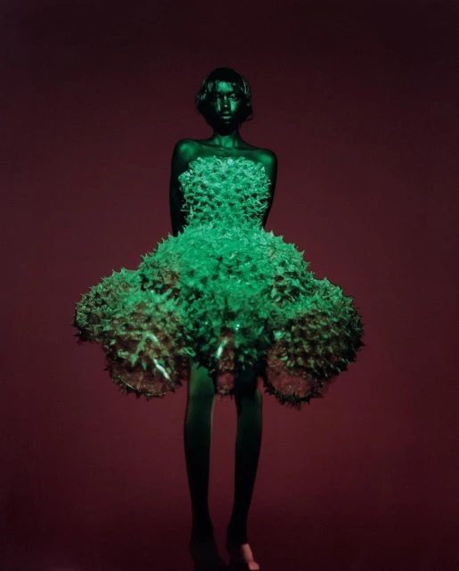 Full shot of a model wearing a green spiky gown against a deep red backdrop, in a studio setting with bright, contrasting lighting.