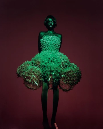 Full shot of a model wearing a green spiky gown against a deep red backdrop, in a studio setting with bright, contrasting lighting.