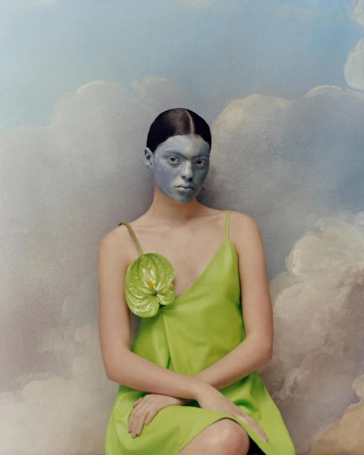 Woman with grey face paint wearing a green dress poses in front of a painted blue and white cloud background in a studio shot.
