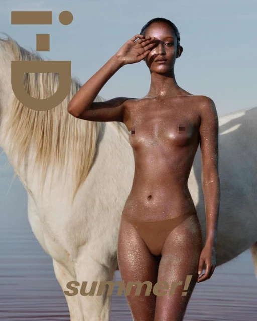 Nude woman poses with a white horse on a magazine cover with gold glitter and the text 'summer!' against a blue sky background.