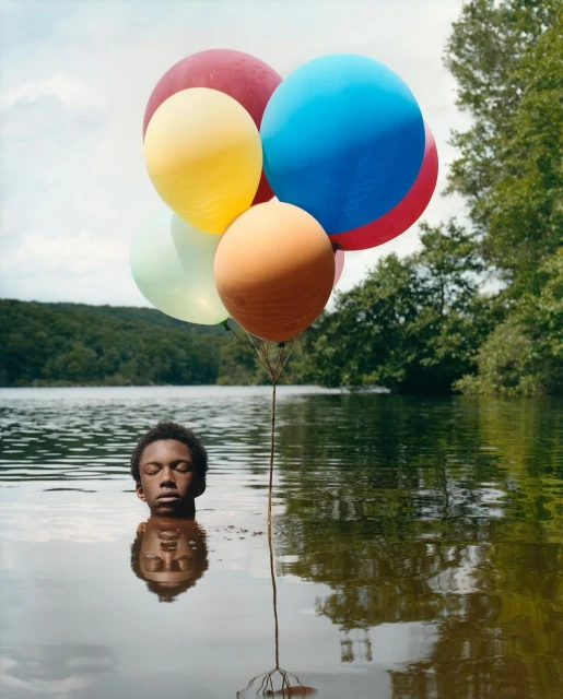 Portrait of a black male in a lake with closed eyes holding a colorful balloon bunch, trees and sky in background. Conceptual outdoor scene.