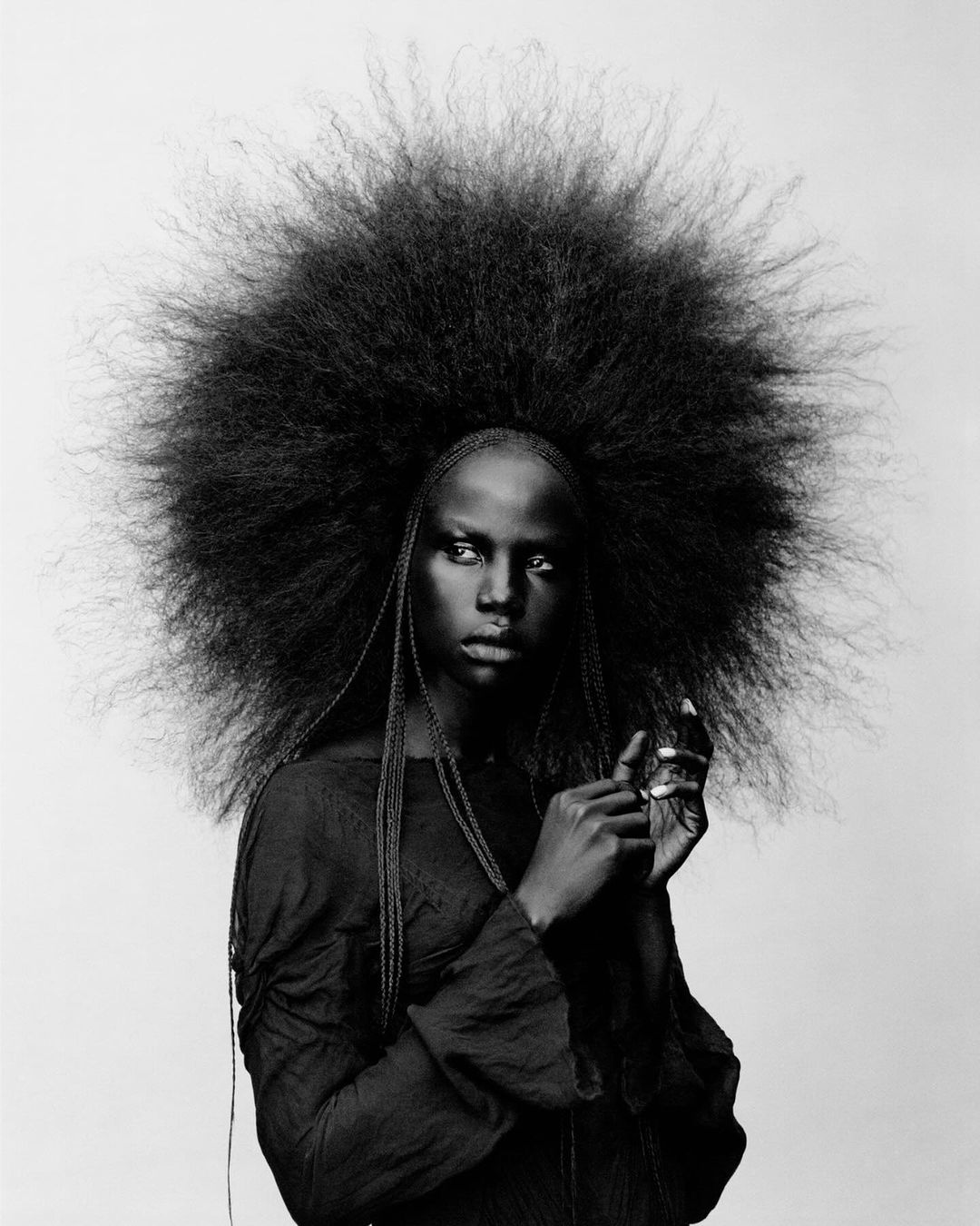 Portrait of a Black woman with voluminous afro hair and braided thin hair strands, wearing a dark top against a light background