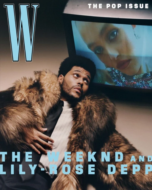 Magazine cover featuring The Weeknd wearing a fur coat next to a screen showing Lily-Rose Depp's face, promoting 'The Pop Issue'.