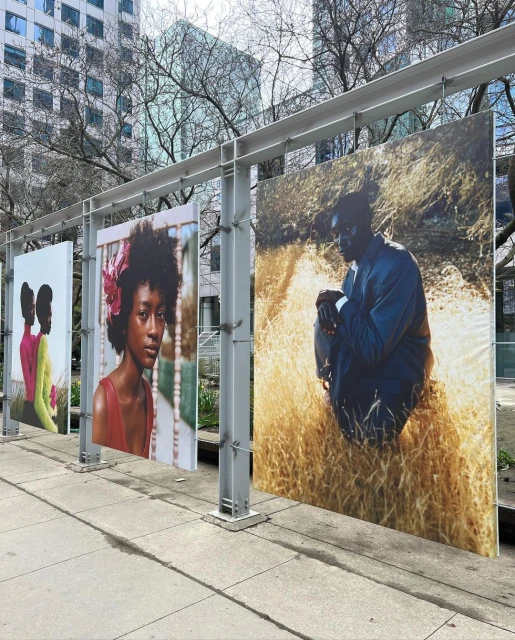 Outdoor art installation in a park features three large portrait photographs displayed on metal frames along a sidewalk in natural light.