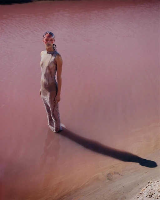 Artistic fashion shot featuring a woman in a pale dress standing in pink water, with a long shadow and surreal makeup and headpiece.