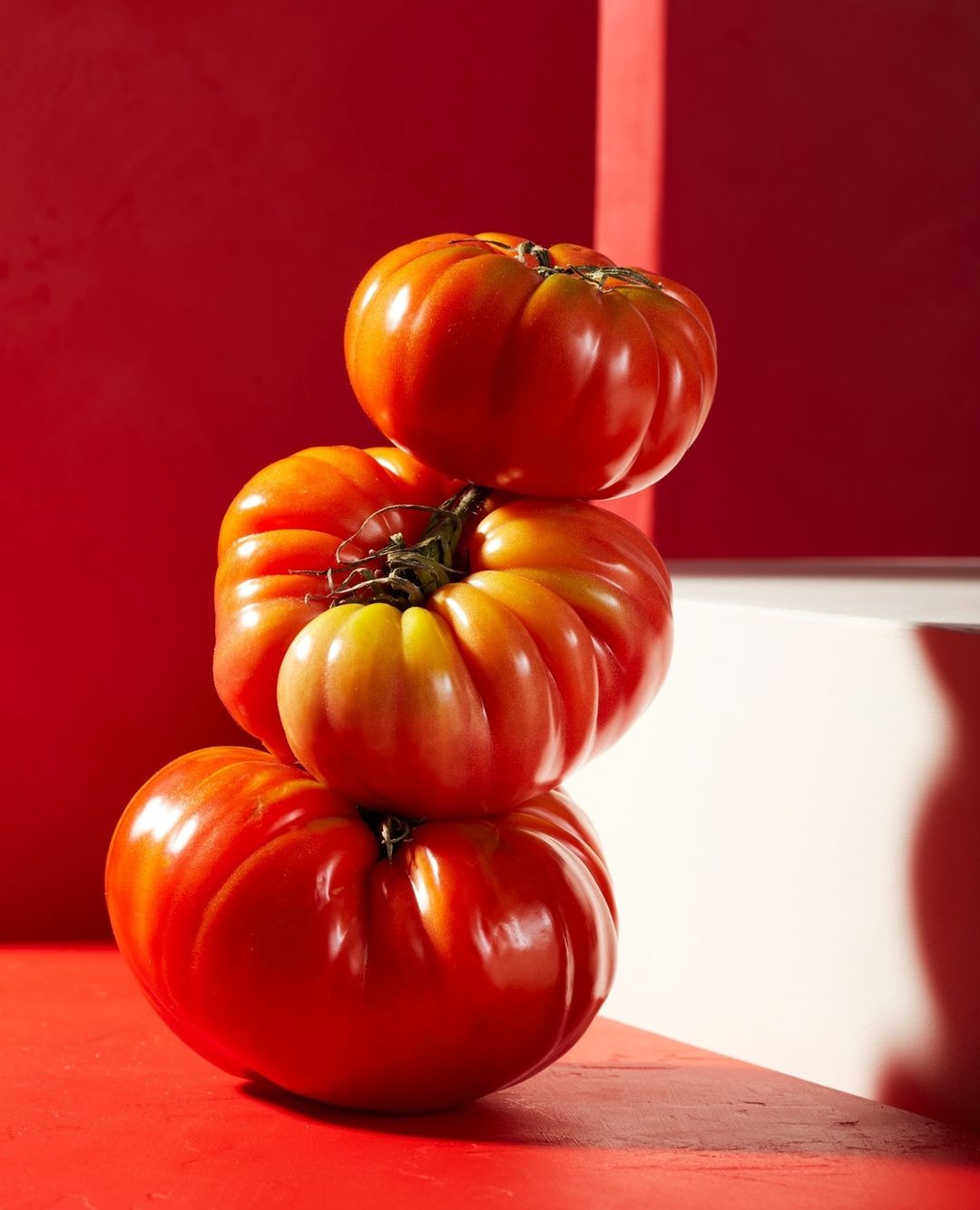 Still life studio shot of three ribbed tomatoes stacked on top of each other on a red surface with a red and white backdrop.