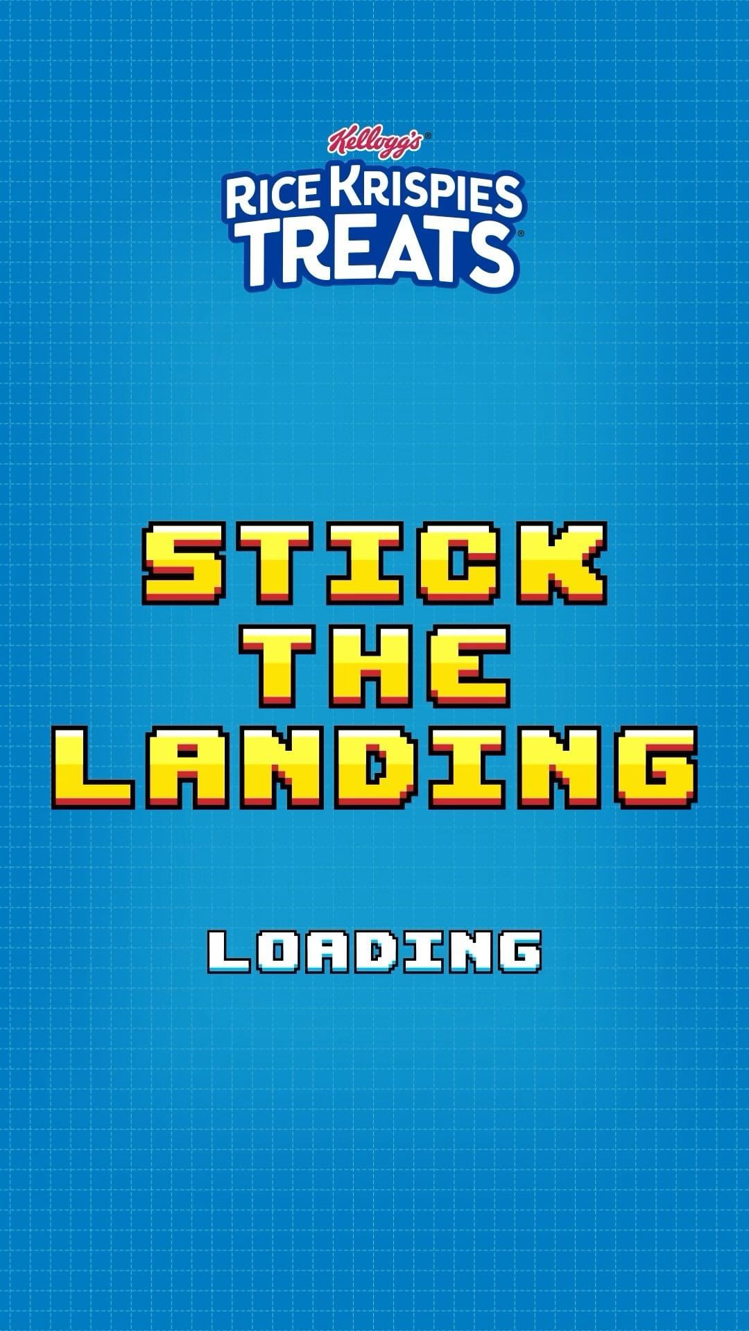 Promotional art for the video game “Stick the Landing” by Rice Krispies Treats featuring pixelated text and a blue grid background.
