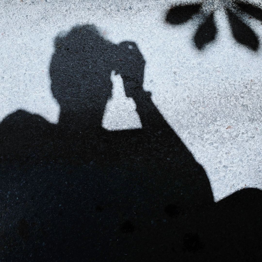 Shadow of a person holding a camera up to take a picture, with a shadow of leaves in the background against a light surface.