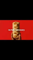 Hand holding a golden-brown flaky pastry against a solid red background with text
