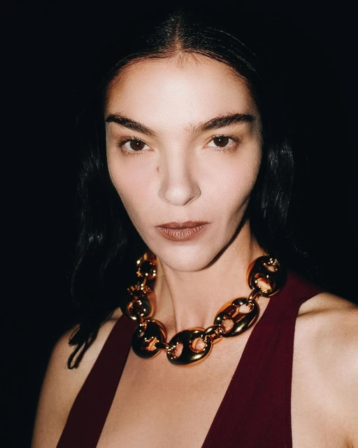 Close-up portrait of a female model wearing a burgundy dress and a chunky gold necklace, set against a dark, high-contrast background.