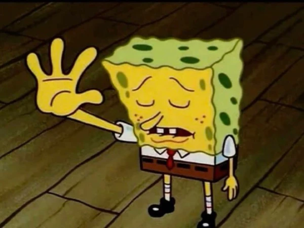 Spongebob Squarepants character with arm raised, wearing a tie, black shoes and in an indoor setting with brown wood-like floor.