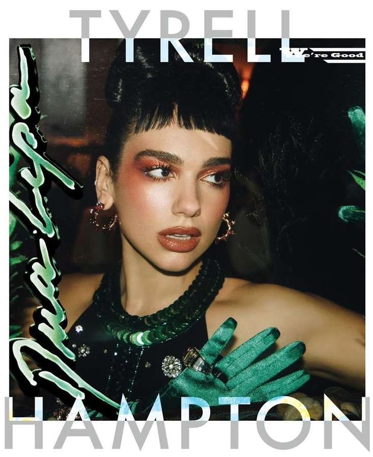 Portrait of a stylish adult female model with bold makeup, green gloves and jewelry, posing with text overlay against a dark background.