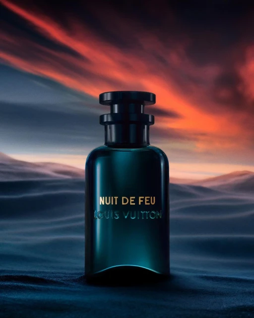 A sleek, dark perfume bottle by Louis Vuitton is centered against a gradient sky, creating a luxurious and atmospheric product shot.