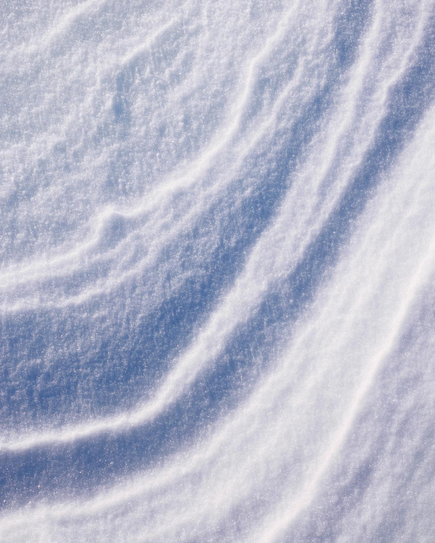 Abstract background image of fresh white snow with wind-sculpted ripples and blue shadows on a sunny day. Nature background.