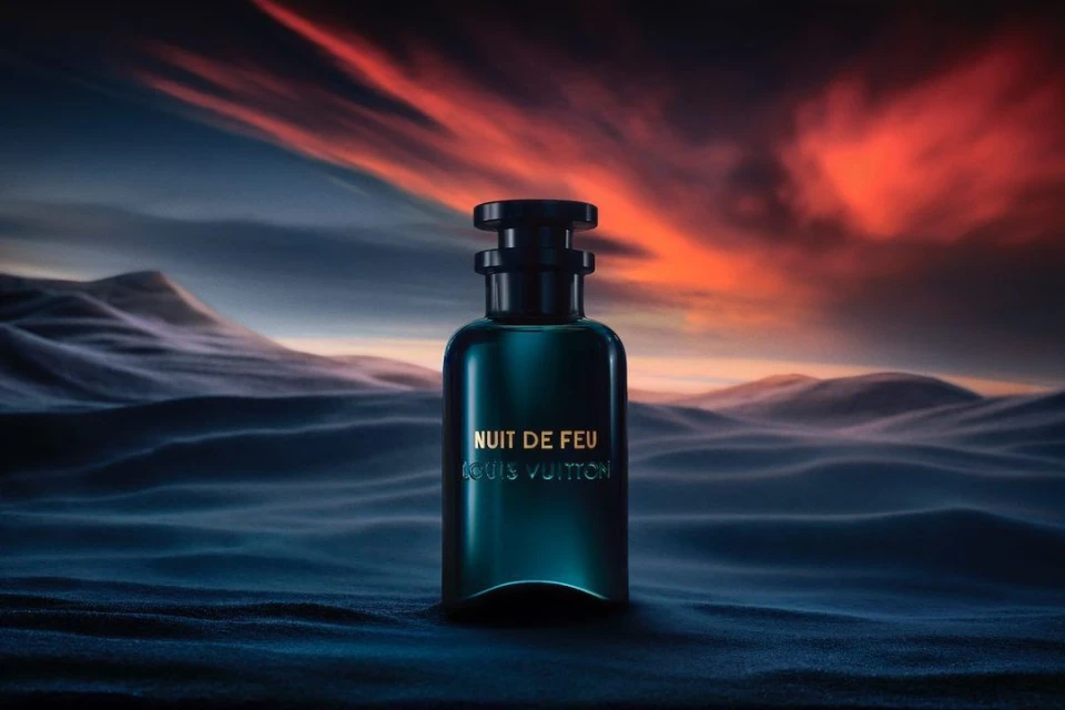 A dark teal Louis Vuitton perfume bottle sits in the center of a textured surface, against a dramatic backdrop of dunes and red-tinged sky.