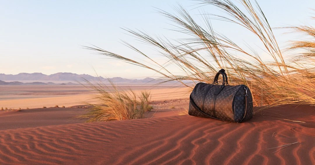 Black patterned Louis Vuitton bag sits on an orange sand dune, dry grasses behind it, and tan desert landscape in the background.