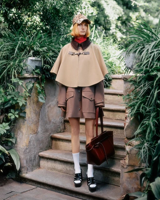 Fashionable woman in a tan cape and matching hat poses on stone steps surrounded by greenery, carrying a dark brown leather tote bag.