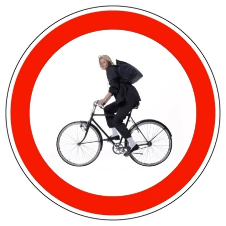 Person riding a black bicycle inside a red circle with a white background, evoking a road sign symbolizing 'no bicycles allowed'.