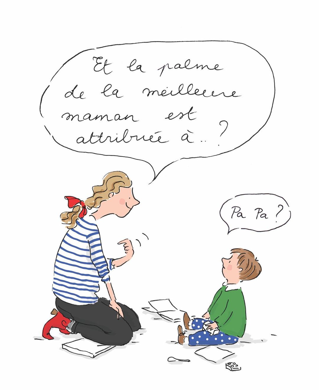 Illustration of a woman in a striped shirt kneeling and pointing to a child sitting on the floor, with a speech bubble above.