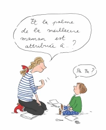 Illustrated scene of a woman kneeling before a seated boy with French speech bubbles asking about the best mother