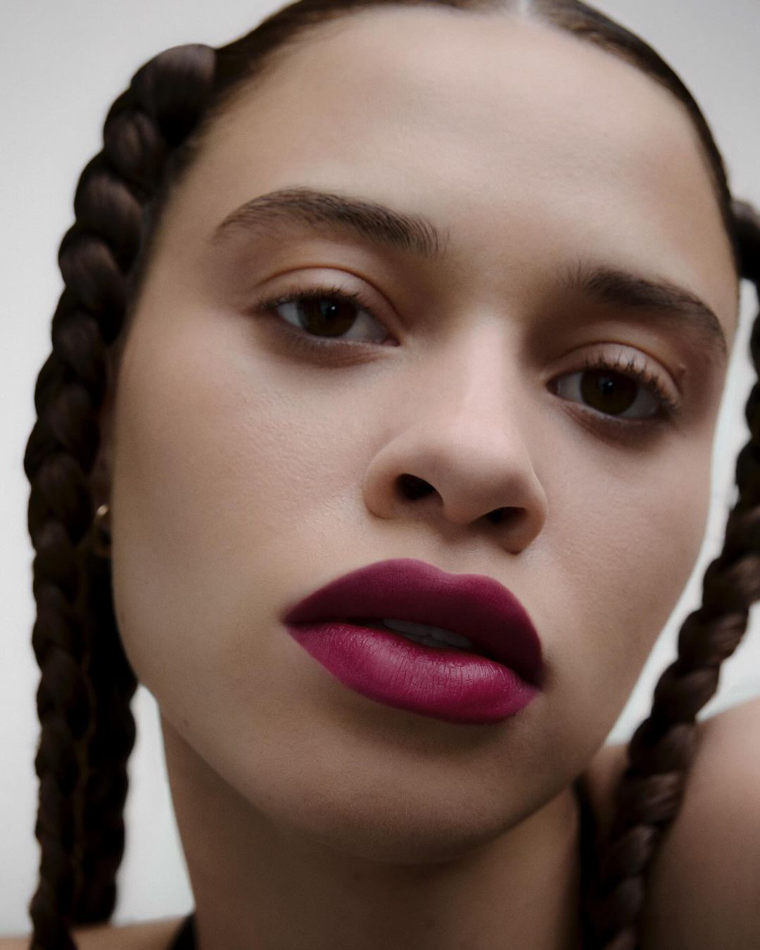 Close-up portrait of a young woman with dark braided hair and plum lipstick, against a neutral background, showcasing beauty and style.