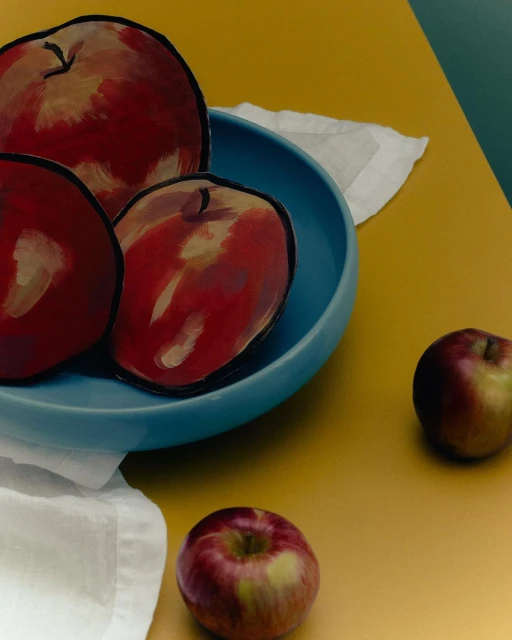 Still life oil painting of red apples in a blue bowl, set against a yellow and teal background, with white linen.