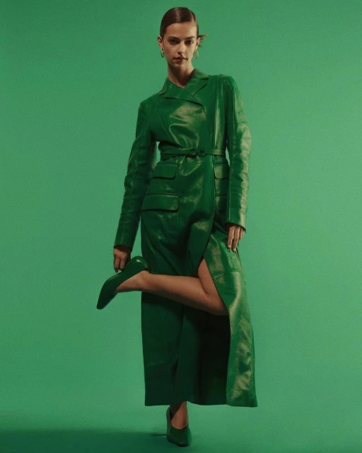 A woman poses in a full-length green leather coat and matching heels against a green backdrop in a studio fashion shot.