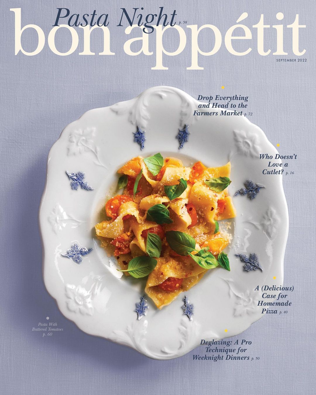 Close-up of Bon Appetit magazine cover featuring a plate of pasta with tomatoes and basil, set against a light purple background.