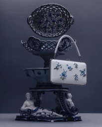 White handbag with blue floral motifs hanging on an ornate stacked ceramic porcelain stand featuring blue and white patterns.