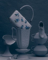 White handbag with blue floral pattern resting inside an ornate ceramic vase on a studio tabletop setup.