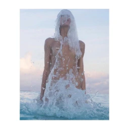Model standing in the ocean with water splashing over their head and body against a pale sky