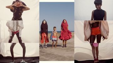 Fashion-themed collage features models wearing swimsuits on beach and in studio environments. Collage with horizontal cut-out segments.