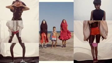 Fashion-themed collage features models wearing swimsuits on beach and in studio environments. Collage with horizontal cut-out segments.